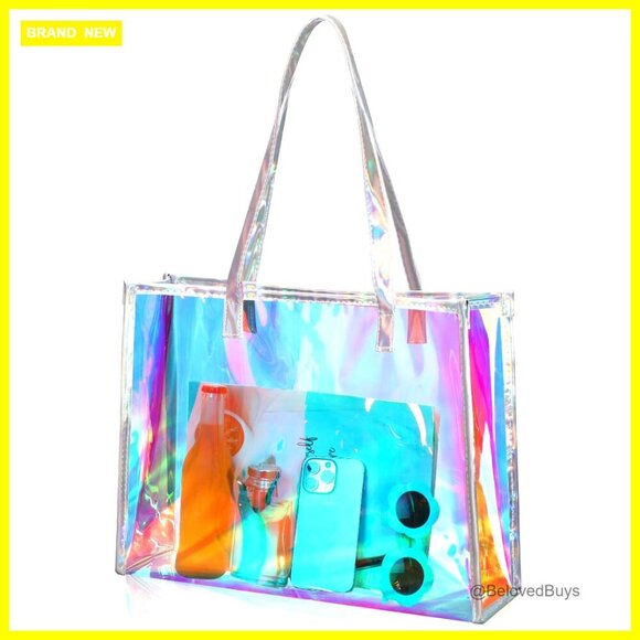 Handbags - Large Clear Tote Bag with Leather Handle for Beach Work Travel